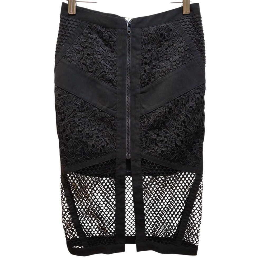 Rumor Boutique Pencil Skirt Black Lace Front zip Net Bottom XS Goth Edgy Baddie